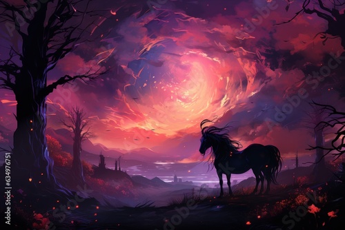 silhouette of a unicorn in a world of fantasy on a purple night