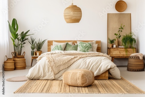Cozy Asian bedroom with ethnic decor, lamp on nightstand, comfy bed, carpet, cactus in basket, and natural green plant composition. © 2rogan