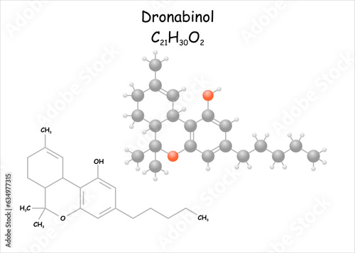 Dronabinol. Stylized molecule model and structural formula.