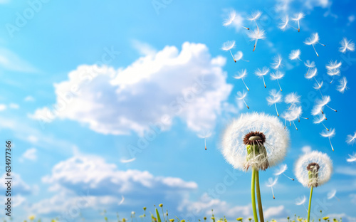 White dandelion seeds flying in the air  clear sky background  banner with empty copy space on side. Generative AI
