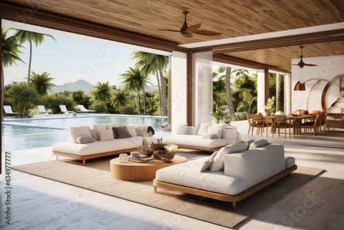 Contemporary living room with pool deck background  The Rooms white floors adorned with brown furnishings  Featuring expansive sliding doors offering views of the pool and surrounding nature.