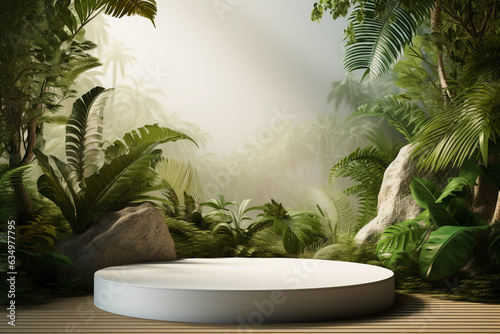Empty white stone product display podium in a tropical lush forest background