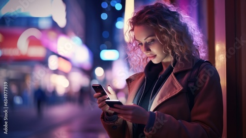 Girl using mobile app on the phone, street neon lights background