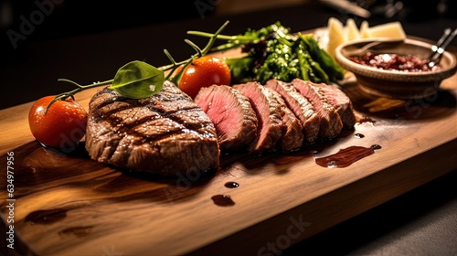 Photo Wooden plate with Tuscan Florentine steak, Culinary Photography