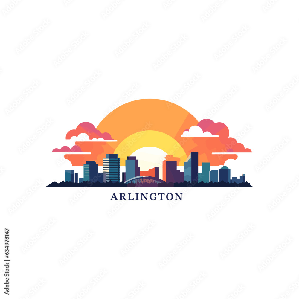 USA United States of America Arlington modern city landscape skyline logo. Panorama vector flat US Texas state icon with landmarks, skyscraper, panorama, buildings at sunrise sunset. AI generative