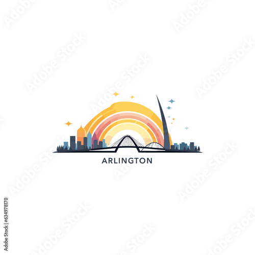 USA United States of America Arlington modern city landscape skyline logo. Panorama vector flat US Texas state icon with landmarks, skyscraper, panorama, buildings at sunrise sunset photo