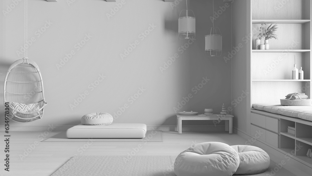 Total white project draft, minimal meditation room, pillows, tatami mats and hanging armchair. Wooden beams and parquet floor. Japanese interior design Total white project draft, minimal meditation room, pillows, tatami mats and hanging armchair. Wooden beams and parquet floor. Japanese interior design