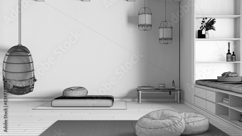 Blueprint unfinished project draft, minimal meditation room, pillows, tatami mats and hanging armchair. Wooden beams and parquet floor. Japanese interior design