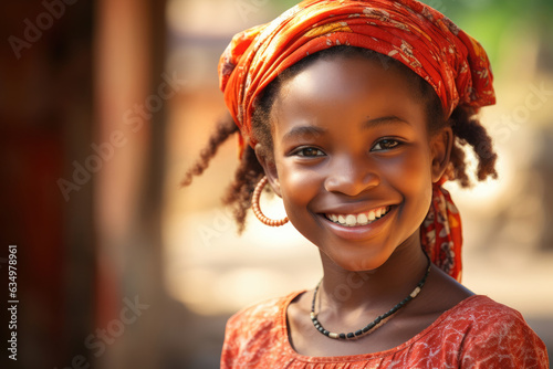 Happy little African girl in a headscarf laughs