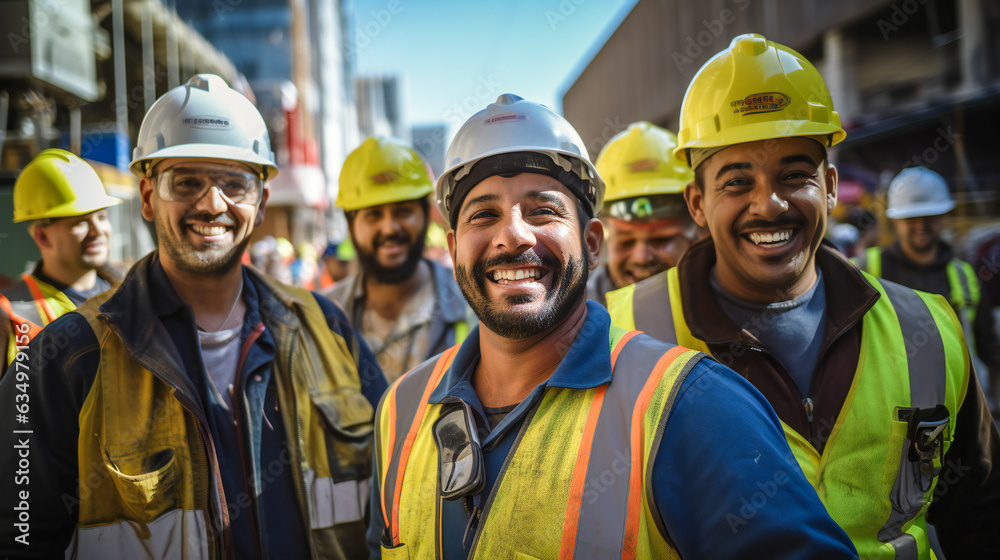 Happy team of construction workers wearing helmets and smiling Happy team of construction workers wearing helmets and smiling