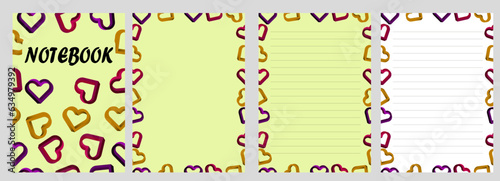 Notebook and pages layout with colorful 3d hearts. Lined notebook sheet. Patterned notebook template. Vector