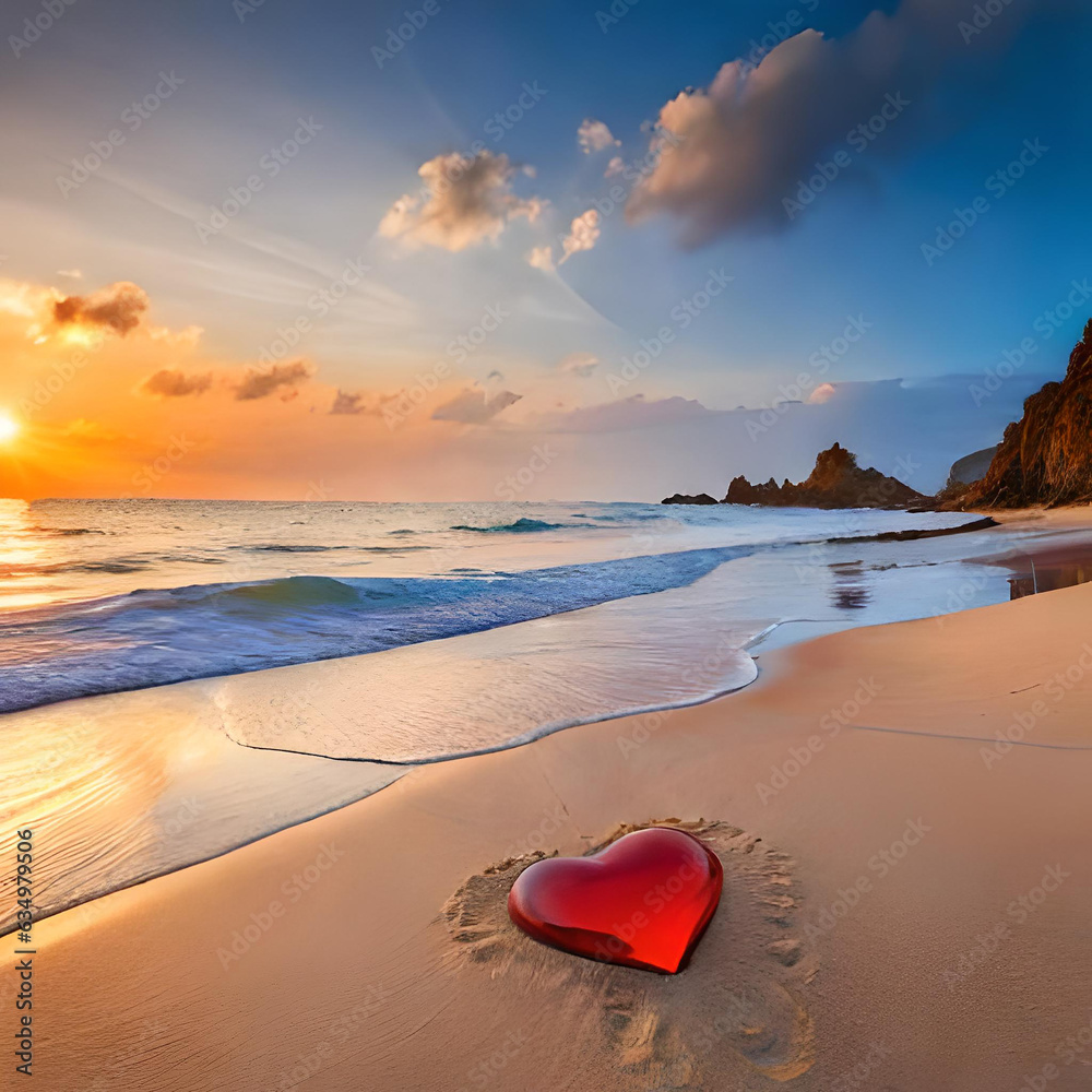 red heart shaped sea glass on white sand beach with seascape. Generative AI red heart shaped sea glass on white sand beach with seascape. Generative AI