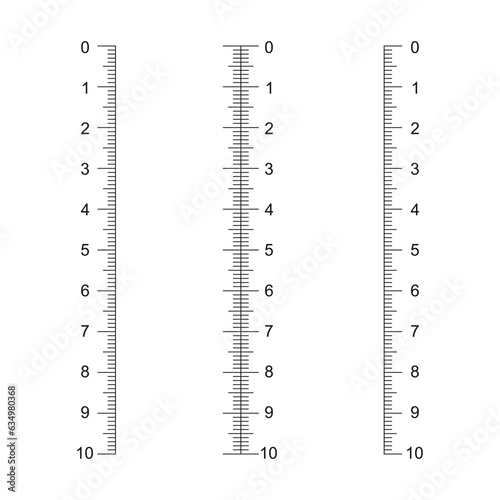 Vertical ruler scale with 10 centimeters markup. Measuring chart templates. Distance, height or length measurement math or sewing tool isolated on white background. Vector graphic illustration