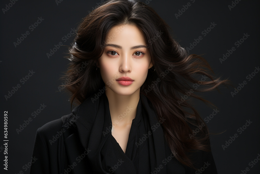 Portrait of Asian woman with black curly hair black background