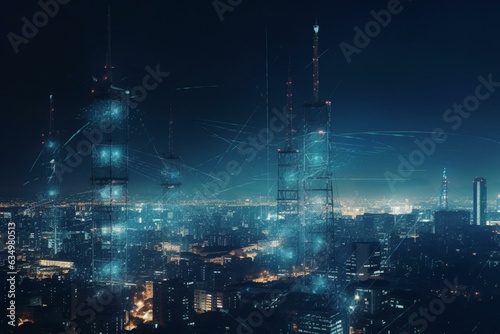 City technology with blue wires and antennas on skyline, double exposure at night. Generative AI