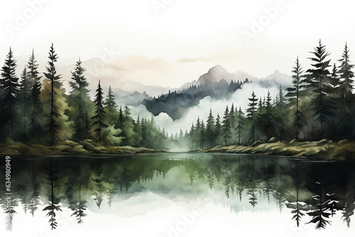 Foggy spruce forest scenery by the river watercolor illustration