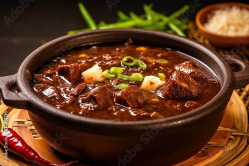 Close up of Dinuguan stew puto pork blood stew Filipino food photo