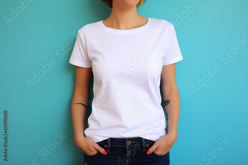 design mockup, woman wearing white blank t-shirt studio shot