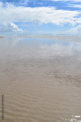 beach with an expanse of reflected clouds on wet sand
