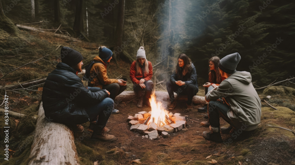 Group of friends sitting around a campfire in the wilderness