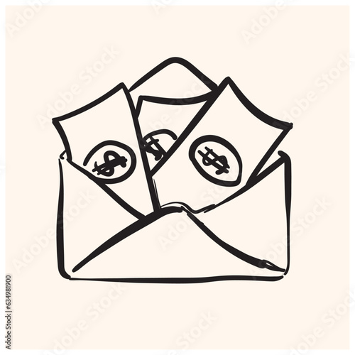Money envelope icon in doodle sketch lines. Finance wealth banking