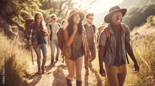 Friends hiking on sunny summer day