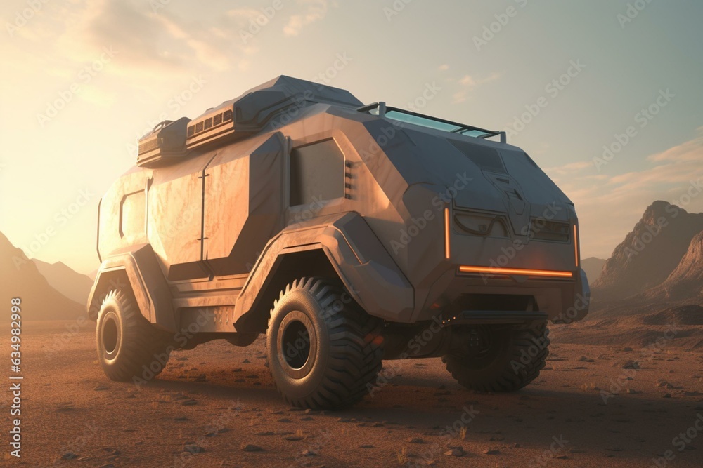 An autonomous heavy-duty sci-fi truck concept rendered in 3D. Generative AI