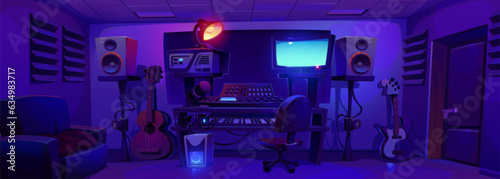 Night music record studio booth cartoon interior background illustration. Radio production equipment in dark room with lamp glow. Professional synthesizer, guitar and loudspeaker in dark workstation