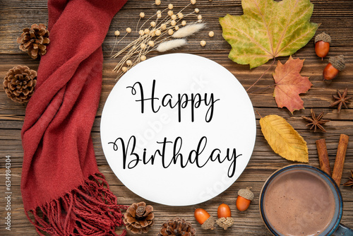 Autumn Decorated Flat Lay With Text Happy Birthday photo