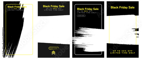 Set of Grunge Black Friday Sale Social Media Story Template Frames. Editable Vector Template.
