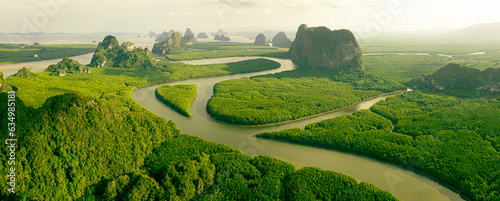 Fotografie, Obraz Aerial drone view of sunset panorama of the Phang Nga bay river and mangrove nat