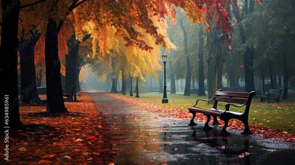 Autumn park, during the rain.