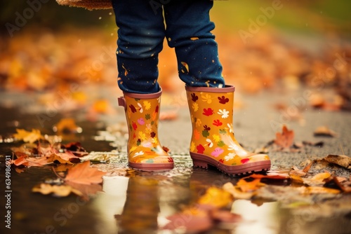 The legs of a child in yellow rubber boots walk through puddles in the rain.