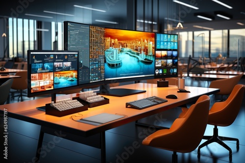 Modern office interior with computers on table and city view. 3D Rendering 