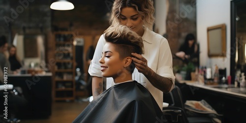 young woman visiting hairstylist in barber shop salon