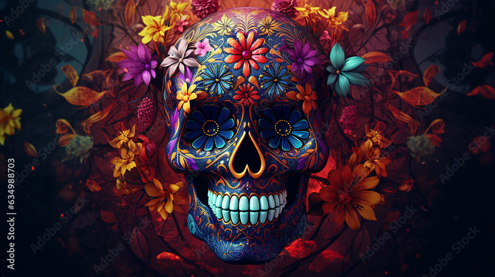 photo a colorful skull with a flower pattern on it. Generative AI