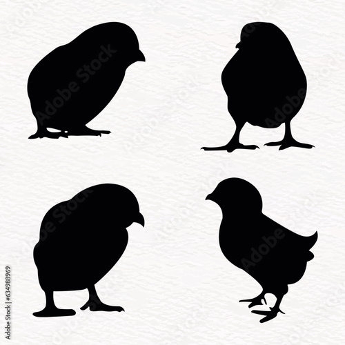 Vector silhouette set of detailed quality chickens - hens and baby chicks in farm
