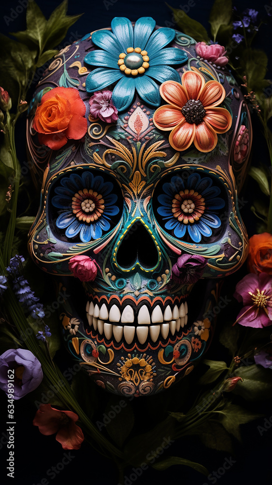 photo a colorful skull with a flower pattern on it. Generative AI