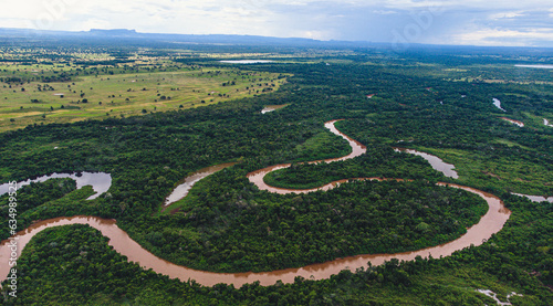 bird eye view of a river with anaconda shape in Pantanal, Mato Grosso do Sul, Brazil, the biggest savannah in the world.