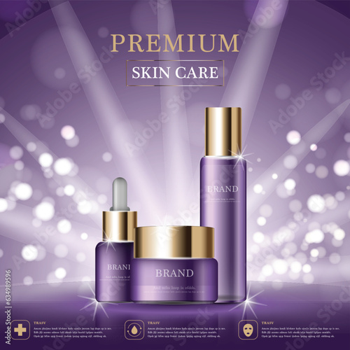 Hydrating facial cream for annual sale or festival sale. .purple and gold cream mask bottle isolated on golden light background. Graceful cosmetic ads, illustration.