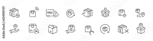 Set of delivery related icons. Free return, address, contactless delivery, 24 hour service etc. Pixel perfect, editable stroke icon