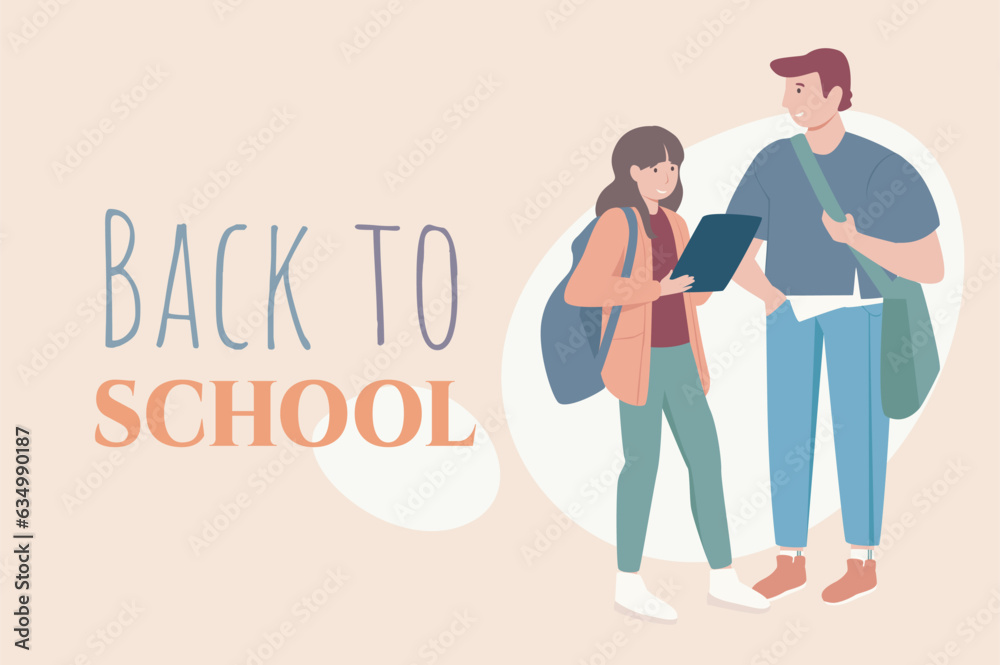 Back to school poster template in flat design. Banner layout with happy teens girl and boy with backpacks standing together. Classmate students going to lessons and learning. Vector illustration. Back to school poster template in flat design. Banner layout with happy teens girl and boy with backpacks standing together. Classmate students going to lessons and learning. Vector illustration.
