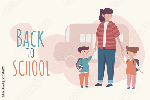 Back to school poster template in flat design. Banner layout with happy mother holding her children hand and going to class together. Mom with elementary pupils standing by bus. Vector illustration.