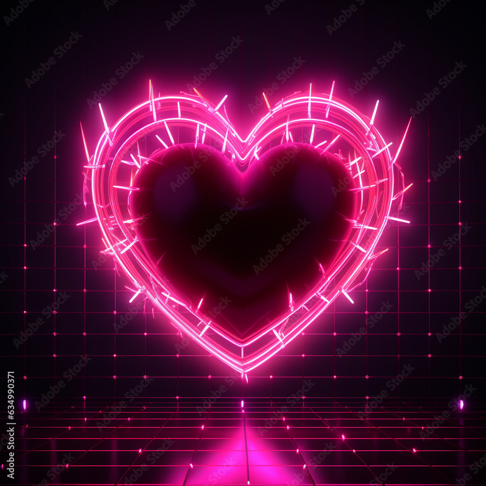 Geometry wireframe shapes and grids in neon pink color. 3D hearts ...