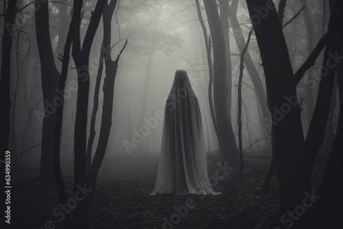 Gloomy spooky ghost standing in the forest. Black and white image. Halloween concept photo