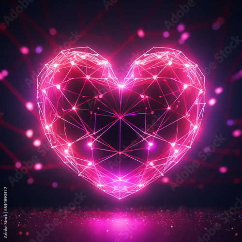 Geometry wireframe shapes and grids in neon pink color. 3D hearts, abstract backgrounds, patterns, cyberpunk elements in trendy psychedelic rave style, 
AI generator