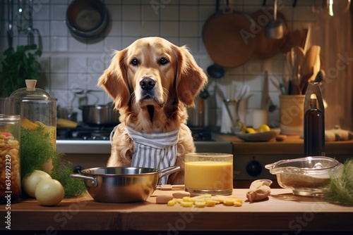Bored Golden Retriever dog, dressed as a chef in the kitchen ready to cook - humorous funny kitchen cooking dog meme