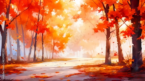 秋の背景、木々が赤く紅葉する風景のイラスト