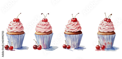 Cupcakes, watercolor painting on white background.