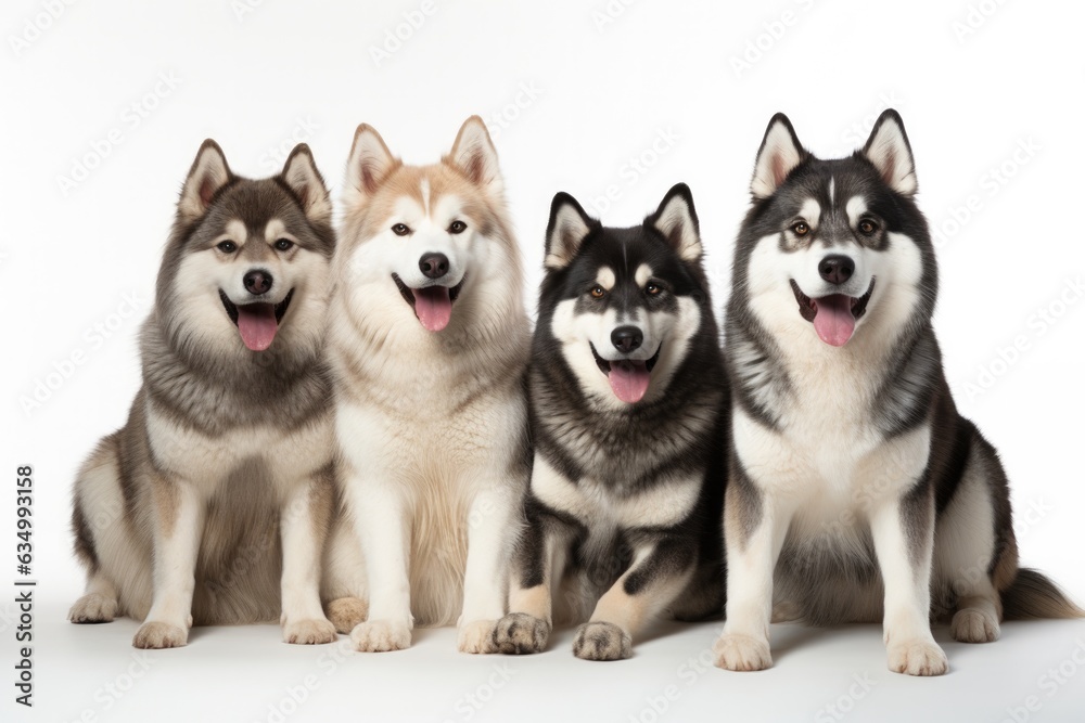 Alaskan Malamute Family Foursome Dogs Sitting On A White Background